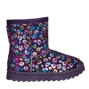 Lily & Dan Girls Purple Cozy Winter Boots Toddler Leopard Print Faux Fur 11/12
